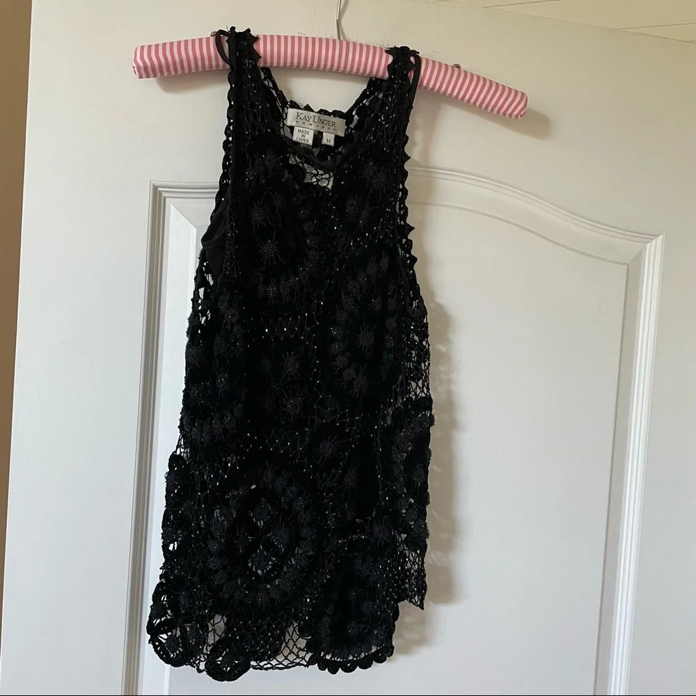 Kay Unger Black Sleeveless Top - Crochet Sequin Shirt Women’s Size Medium